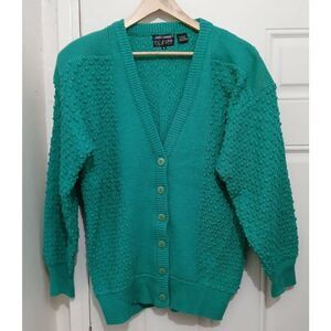 Vintage 80's womens large chez vee hand loomed sweater cardigan aqua green